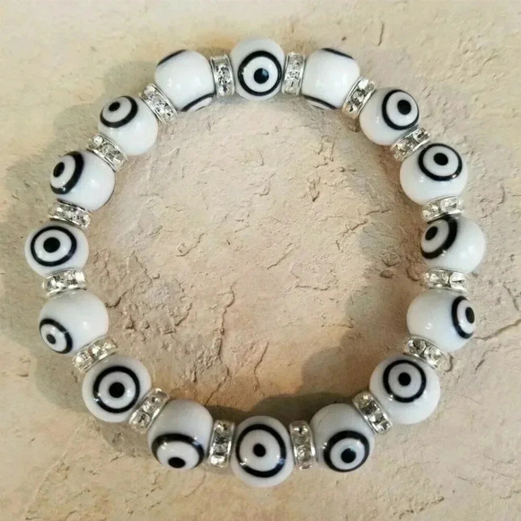 Handmade White Black Turkish Evil Eye Glass & Egyptian Crystal Talisman Bracelet - Picture 3 of 4